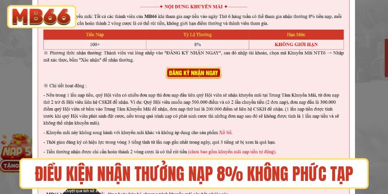 Điều kiện nhận thưởng nạp 8% không quá phức tạp